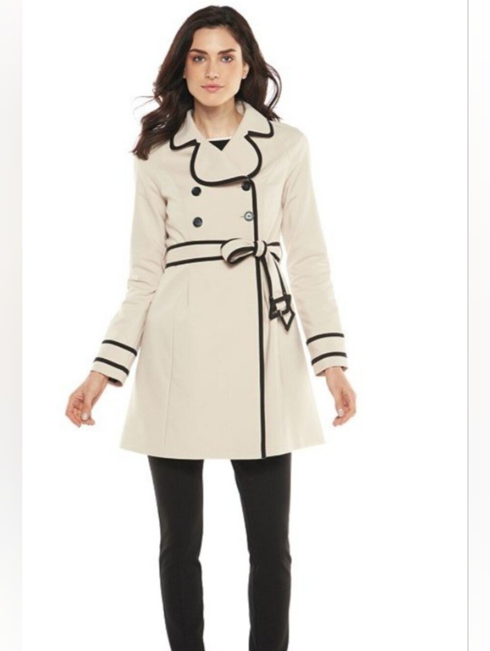 Elle Cream Trench Coat with Black Contrast Trim Sz 2